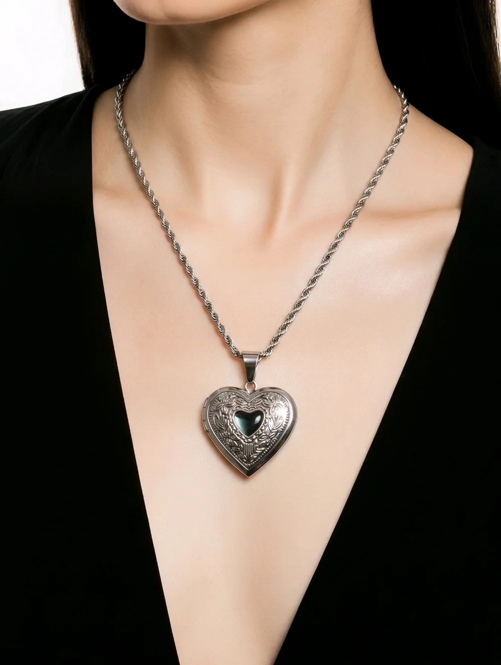 Silver Heart Photo Locket Necklace Stainless Steel Rope Chain Keepsake Gift